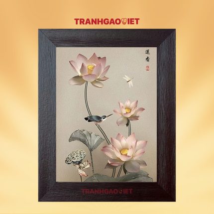 Tranh gạo nhạn kim liên - sen và chim - chuồn chuồn